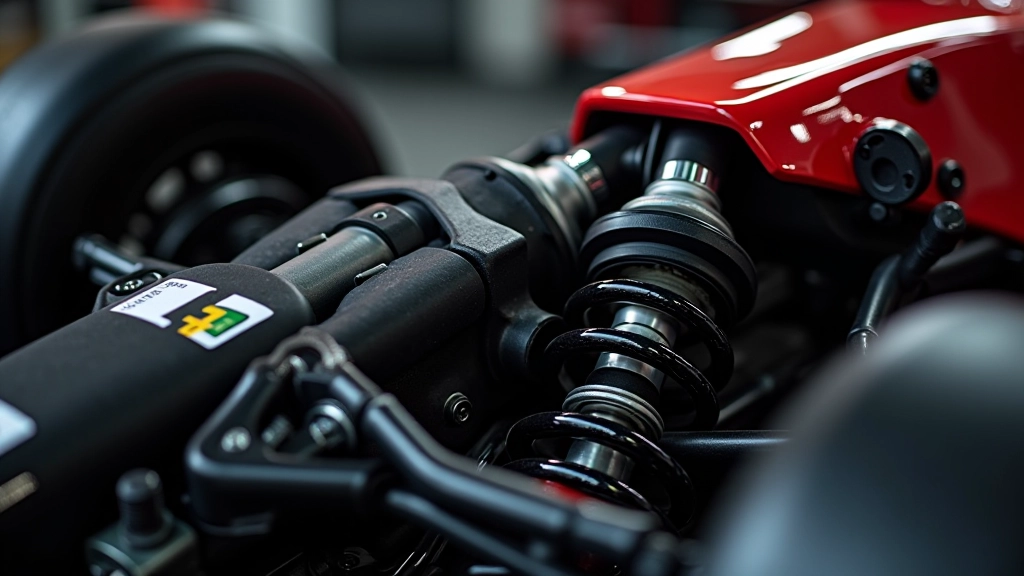 Close-up detail of a supercar suspension system showing springs, dampers, and linkages