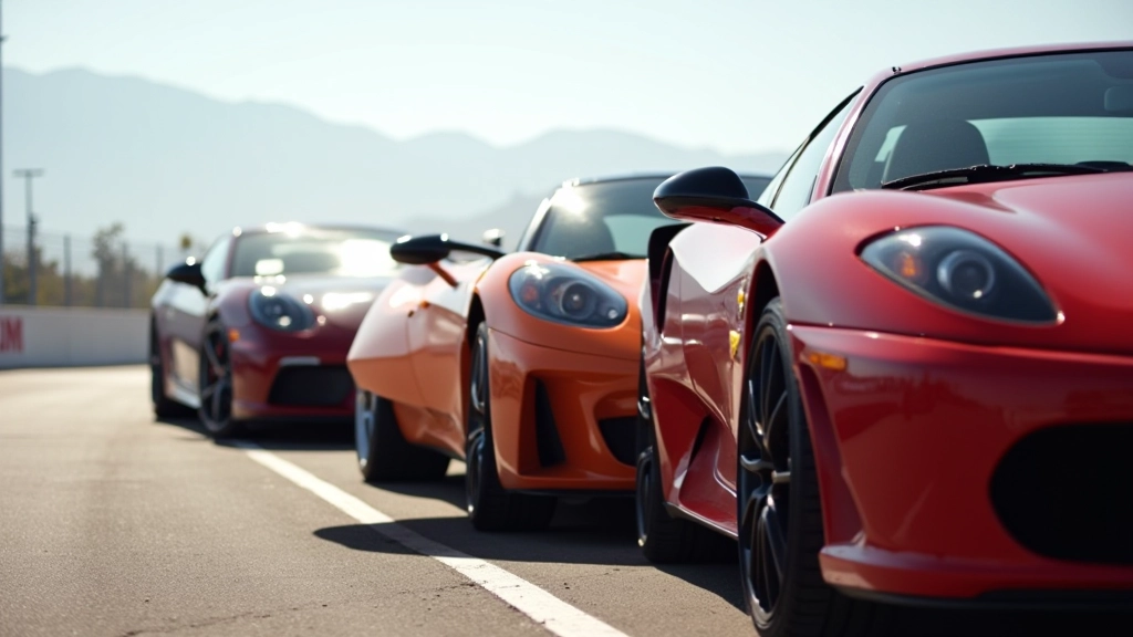 Multiple exotic supercars lined up at professional track facility