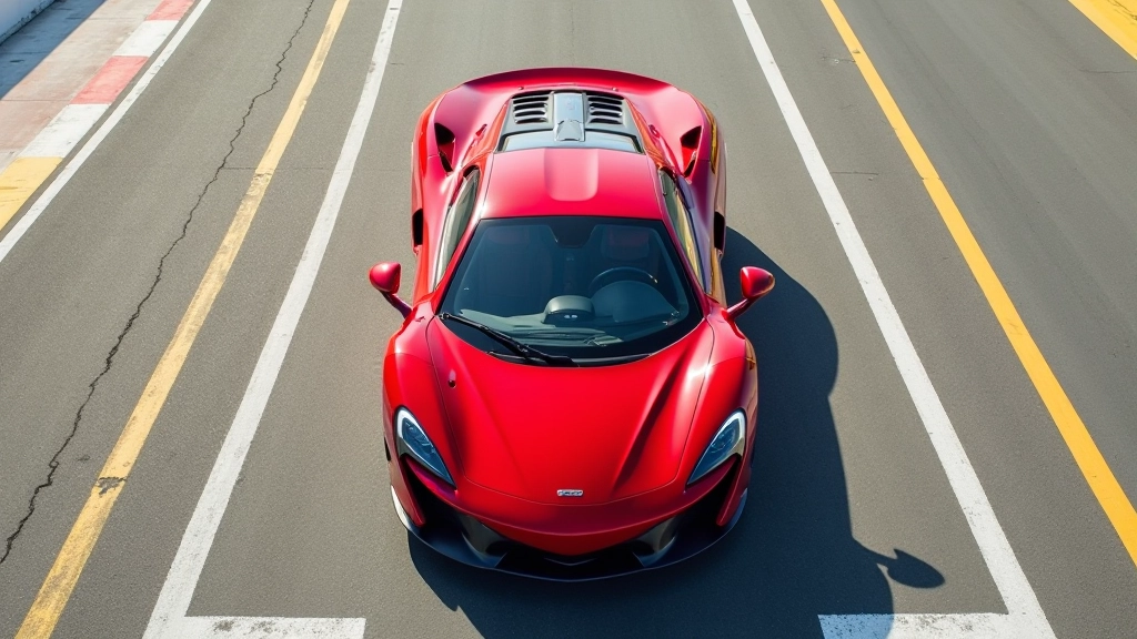 Professional overhead view of a red supercar on a racing track with painted lines and markers