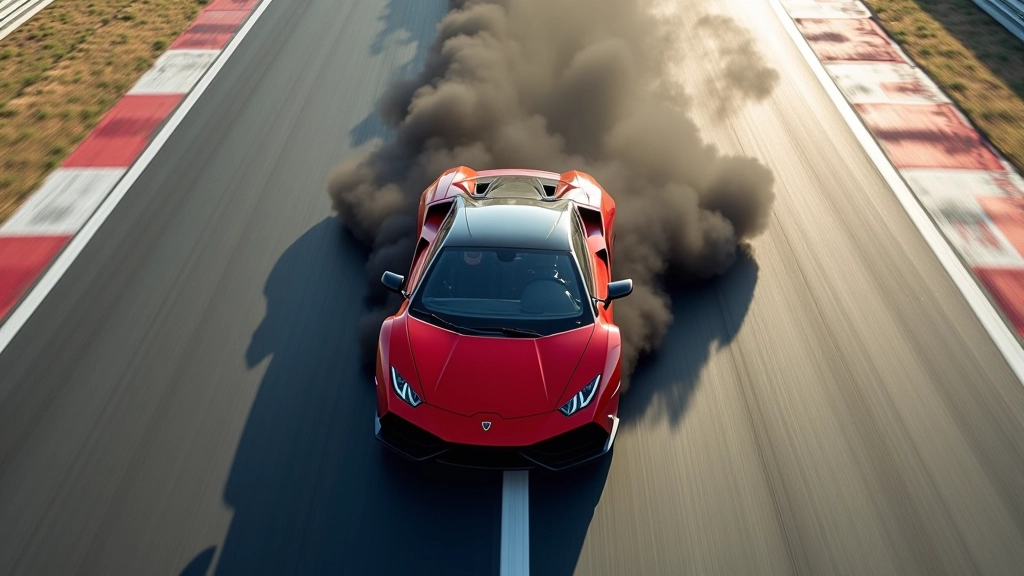 Overhead view of a high-performance supercar accelerating from starting line with tire smoke