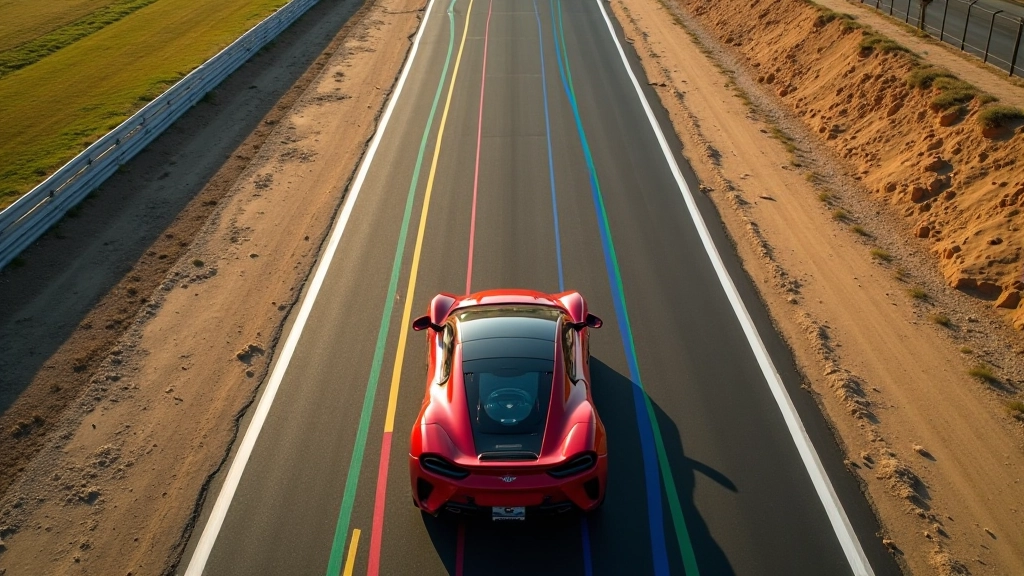 Overhead view of racing line through a corner showing apex positioning and acceleration zones on track