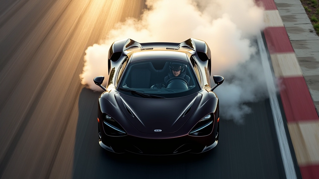 Overhead shot of supercar launching from starting line with tire smoke visible
