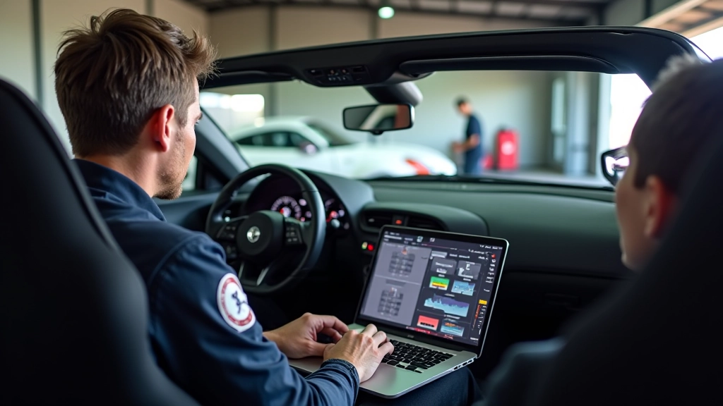 Professional track instructor reviewing performance data with adult student driver