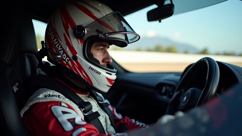 Side profile of professional racing driver wearing helmet inside high-performance supercar during track session