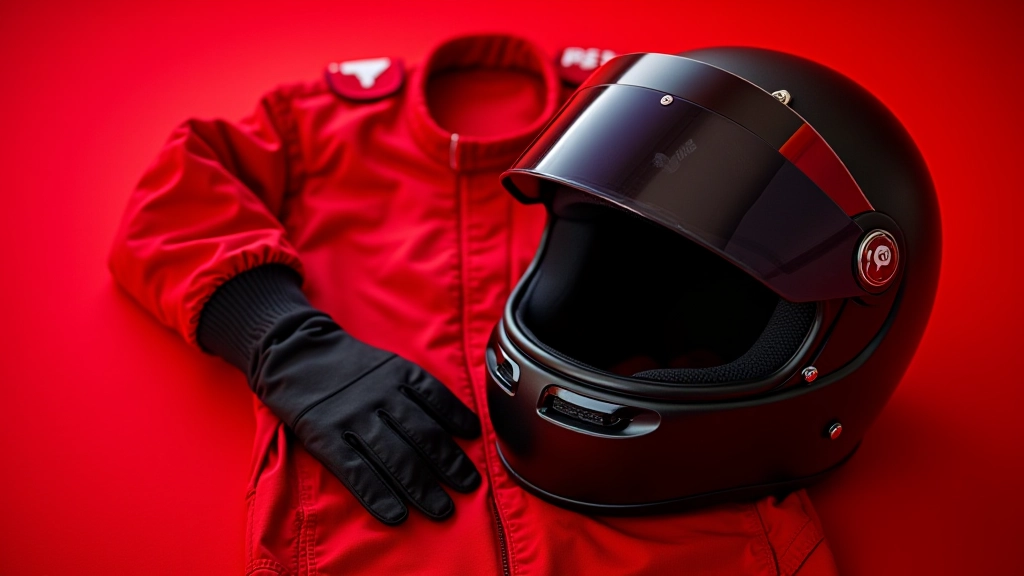 Close-up of racing helmet with visor and professional driving gloves laid on racing suit fabric
