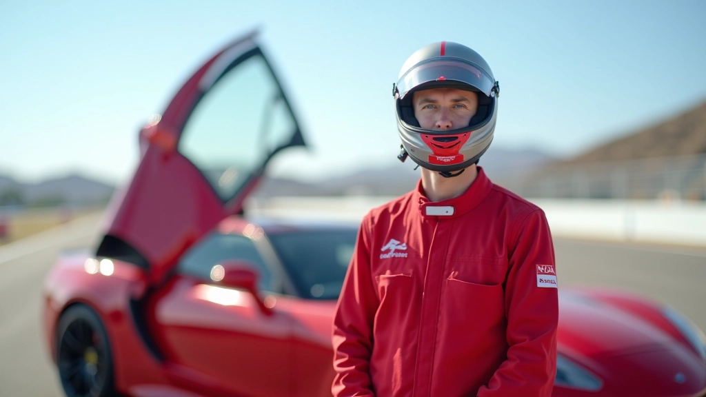 Racing instructor in red racing suit and helmet preparing for track session in high-performance vehicle