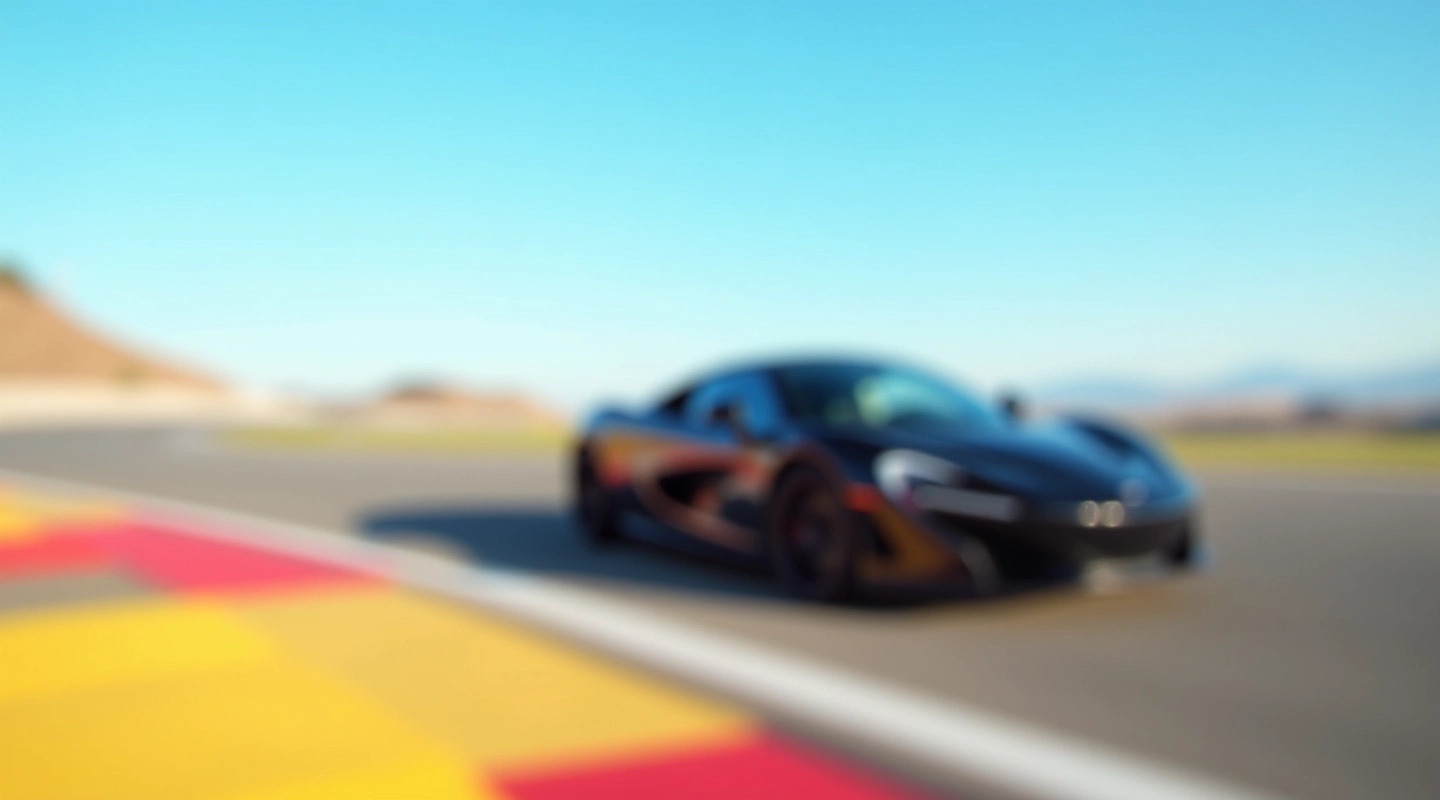 Professional race track with exotic supercar taking a high-speed turn