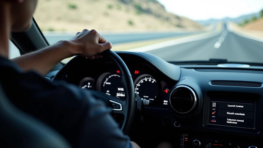 Close-up of supercar dashboard with launch control settings displayed on digital screen