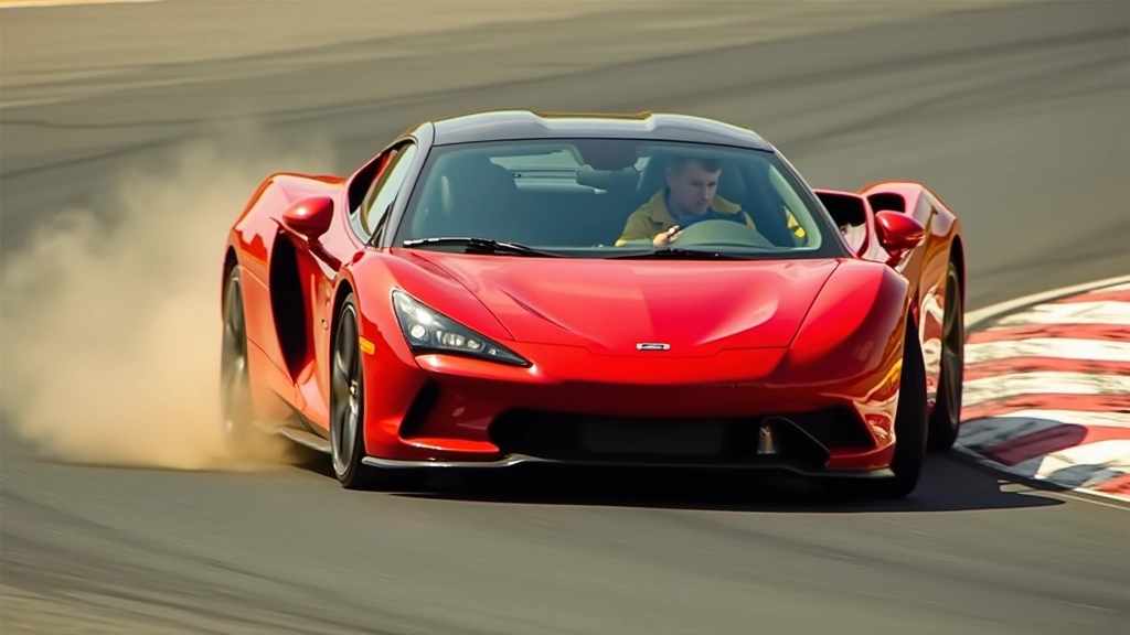Supercar braking and turning into a high-speed corner with professional driving technique