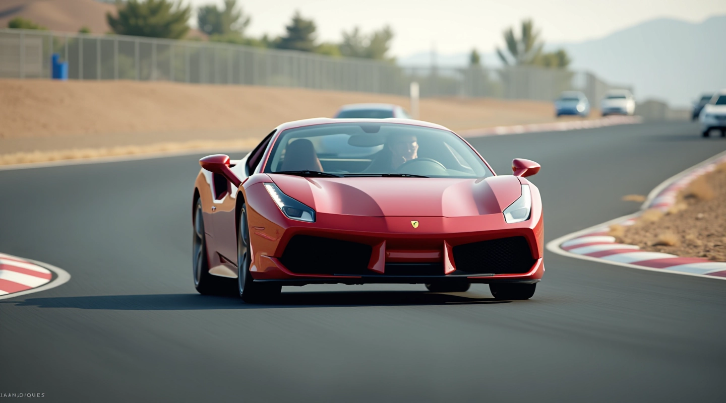 Supercar performing high-speed cornering maneuver on professional racing circuit